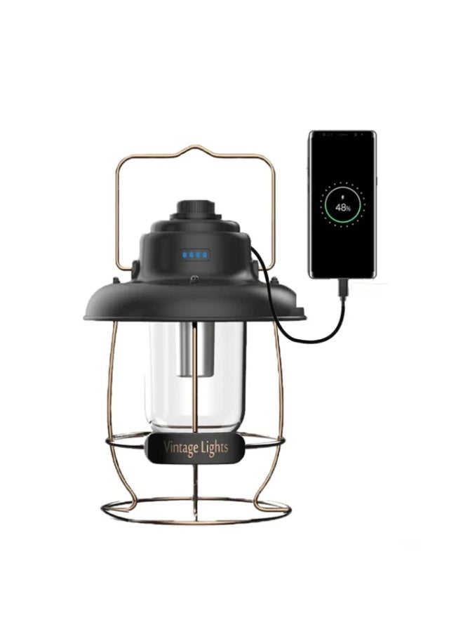 لايت فانوس تخييم عتيق قابل لإعادة الشحن - مصباح خيمة LED خارجي بثلاثة أوضاع مع مؤشر طاقة - فانوس معلق محمول مقاوم للعوامل الجوية للتخييم وحالات الطوارئ - Image 1